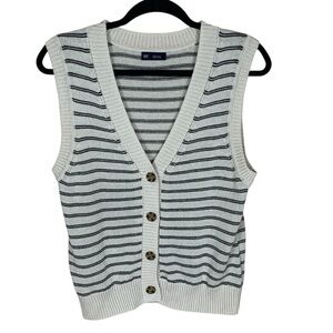 Women's Gap Beige Black Striped Linen Blend V-Neck Button Front Sweater Vest MT